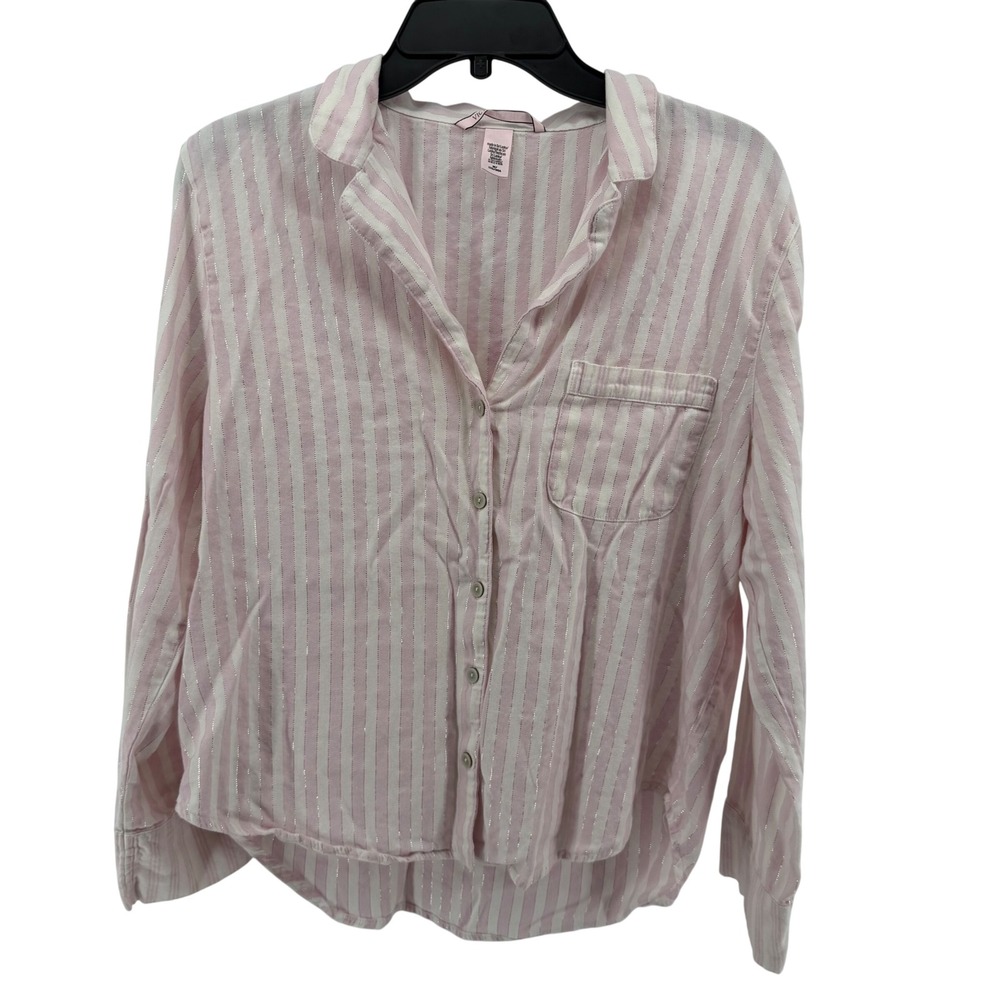 Vtg Victorias Secret Pajama Top Sleep Shirt Pink White Striped Silver Metallic M